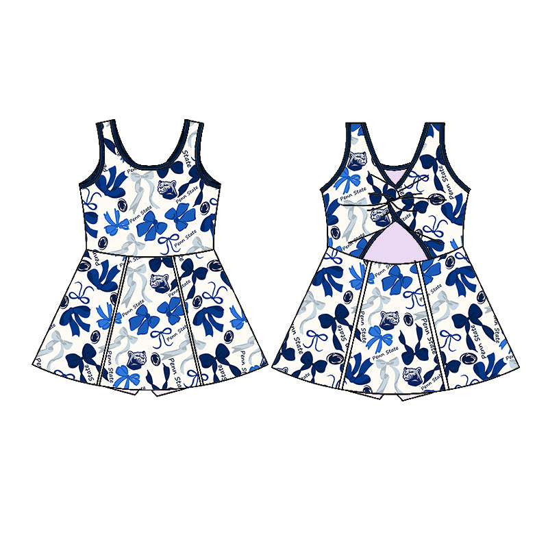 Custom moq 5 mix sizes summer teams baby girls clothes team blue short sleeve skirts shorts sets dress 1 and dress 2-25.5.10