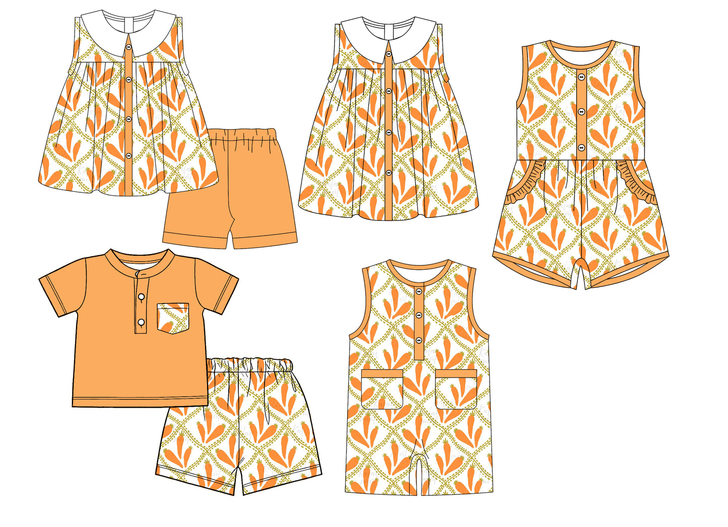 26.1.5 custom each style moq 5 eta 6-8week Sibling Sister easter carrot baby short sleeve shorts sets 2 and dress and romper and jumpsuit match design