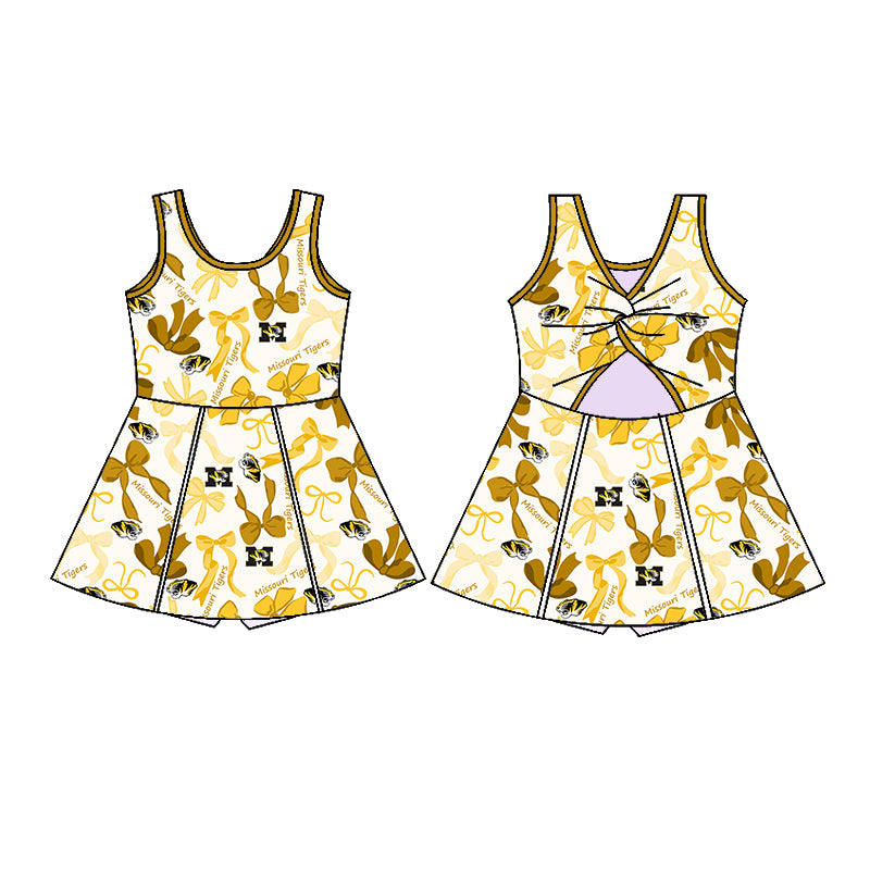 Custom moq 5 mix sizes summer teams baby girls clothes team yellow short sleeve skirts shorts sets dress 1 and dress 2 and dress 3 and dress 4-25.5.14