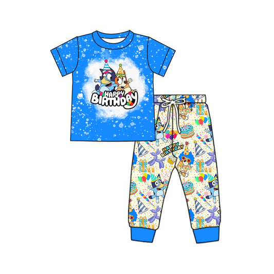 9.27 custom each style moq 5eta 4-6week baby boys clothes HAPPY BIRTHDAY cartoon dog blue short sleeve pants sets