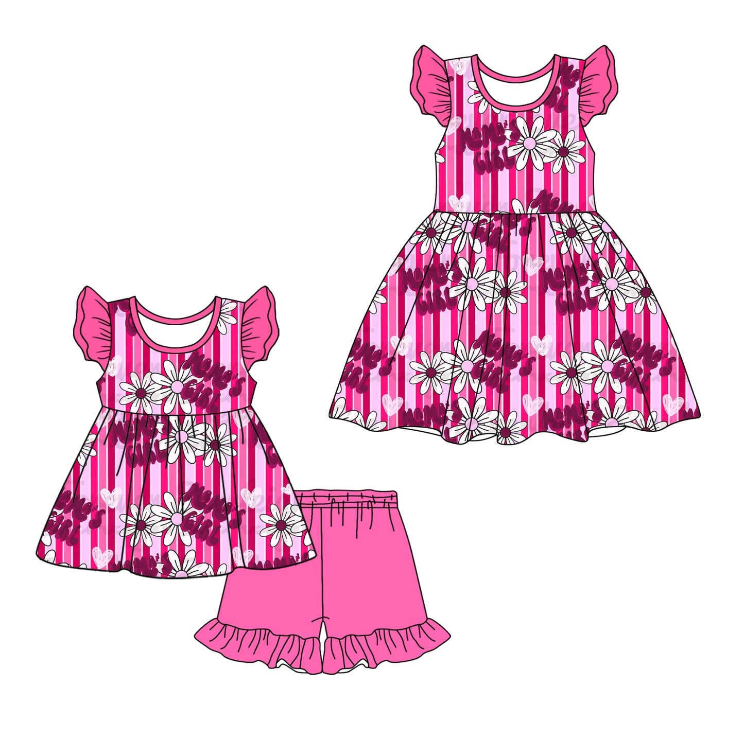 1.23 custom each style moq 5eta 4-6week Sibling Sister floral baby girl short sleeve shorts sets and dresses match design