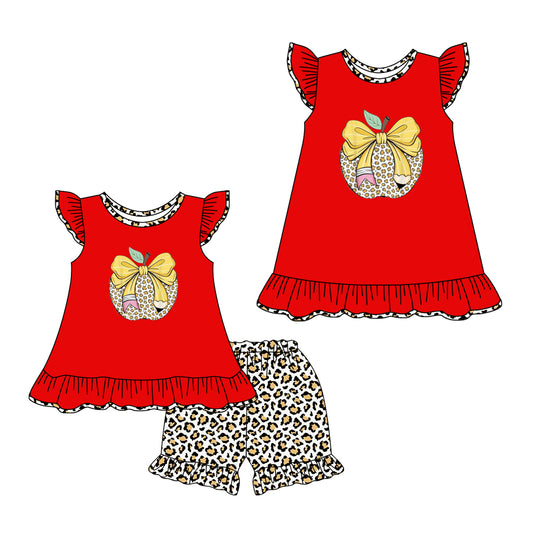 2.7 custom each style moq 5eta 4-6week Sibling Sister apple bow baby girl short sleeve shorts sets and dresses match design