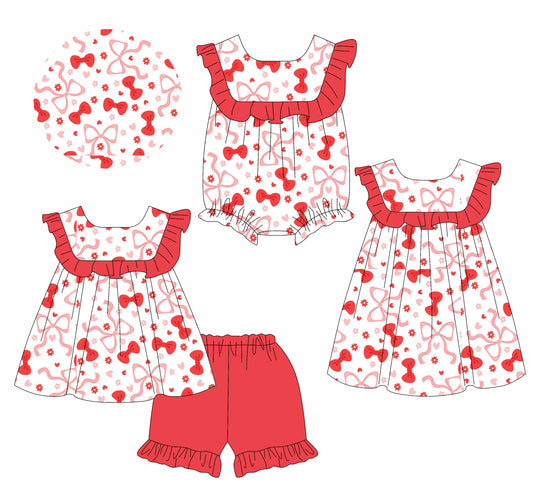 1.15 custom each style moq 5eta 4-6week Sibling Sisters bow baby girl short sleeve shorts sets and dress and rompers match family design