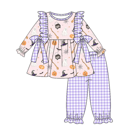 5.7custom each style moq 5eta 4-5week Sibling Sister Halloween ghost pumpkin magic hat prints purple girls outfits and baby romper and dress match family design