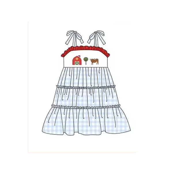 5.15custom each style moq 5eta 4-5week Sibling Sister Country style farm tree cow print blue plaid red girls and boys outfits and baby romper and dress match family design