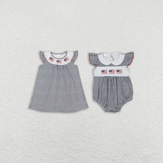 Baby girls print gray dress and baby romper Sibling Sister Clothes Sets