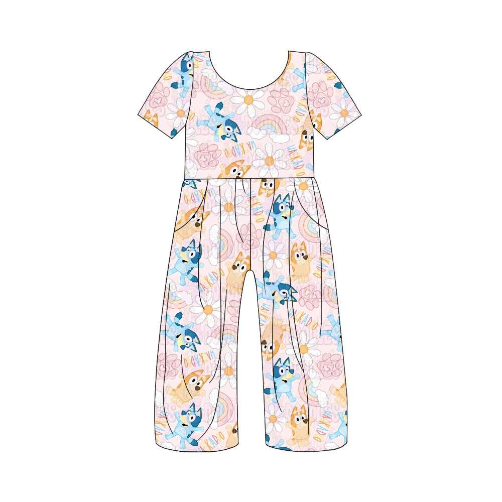 5.1custom each style moq 5eta 4-5week cartoon character ramble flower prints pink jumpsuits