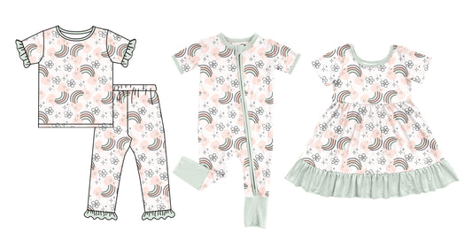 25.12.2 custom each style moq 5 eta 6-8week Sibling Sisters rainbow floral baby girl short sleeve pants sets and dress and rompers match family design