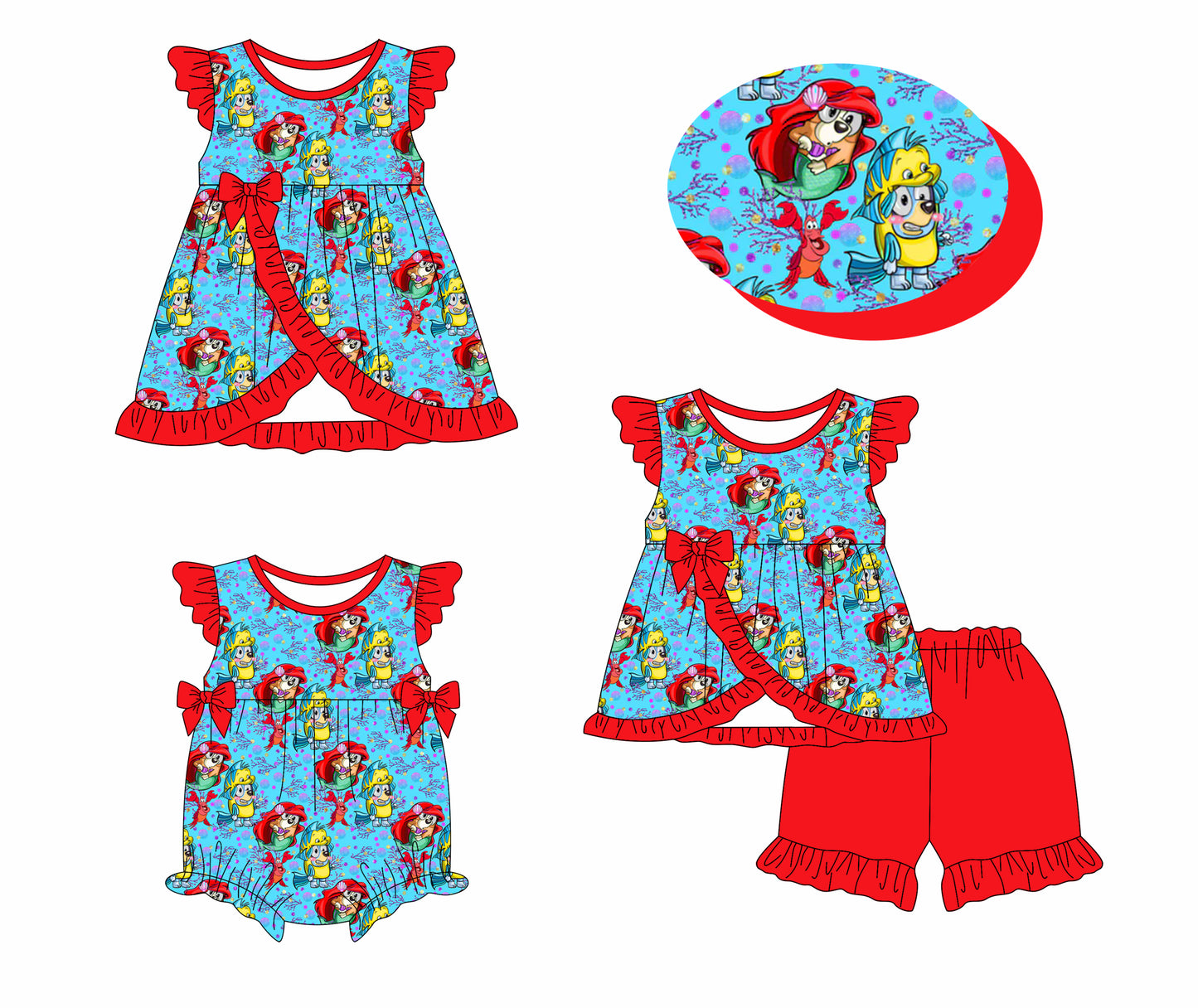 1.14 custom each style moq 5eta 4-6week Sibling Sisters disney cartoon dog baby girl short sleeve shorts sets and dress and rompers match family design