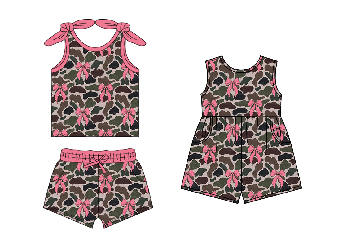 1.18 custom each style moq 5eta 4-6week Sibling Sister camouflage bow baby girls short sleeve shorts sets and jumpsuit match design