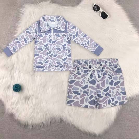 RTS NO MOQ BT0467+SS0140 camouflage gray long-sleeved shirt summer shorts sets