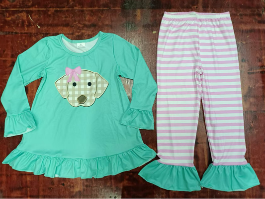 Custom moq 3 eta 6-7weeks  Bow Tie Puppy Lake Green Long Sleeve Top-Pink Striped Pants Set