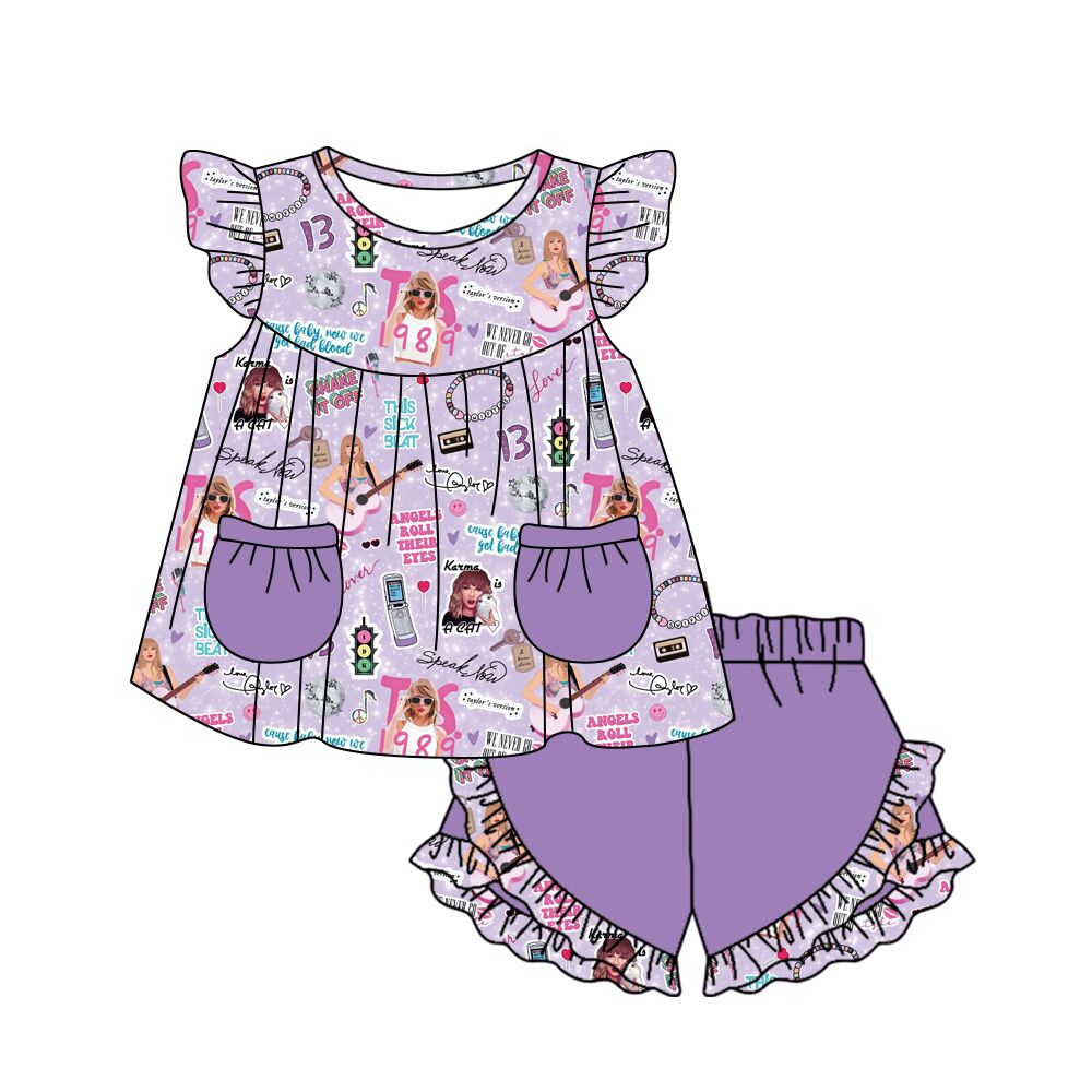 purple taylor swift Girls flying Sleeve Shorts Set