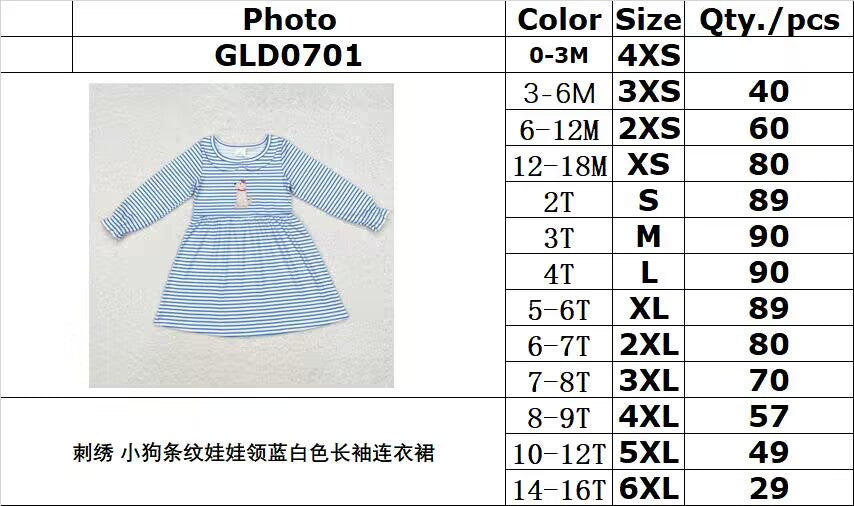 rts no moq GLD0701 Embroidered puppy striped doll collar blue and white long-sleeved dress