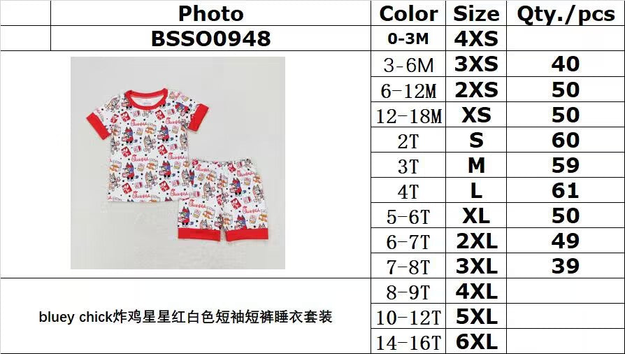 rts no moq BSSO0948 bluey chick fried chicken star red and white short-sleeved shorts pajama set