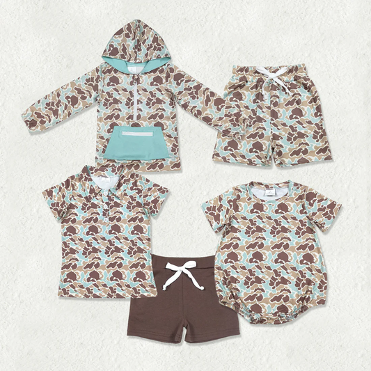 RTS NO MOQ Sibling baby boys camouflage Clothes short sleeve shorts sets and tops 2 and and shorts and romper