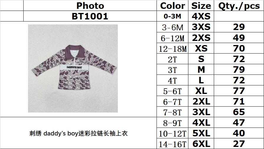 RTS NO MOQ ETA 5/7days arrived BT1001 embroidered daddy's boy camouflage zipper long-sleeved top