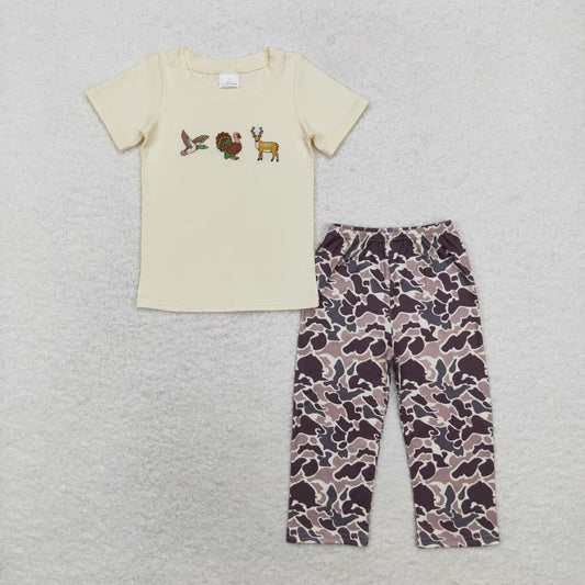 RTS no moq BSPO0445 Embroidered duck, turkey, deer, beige short-sleeved camouflage pants suit