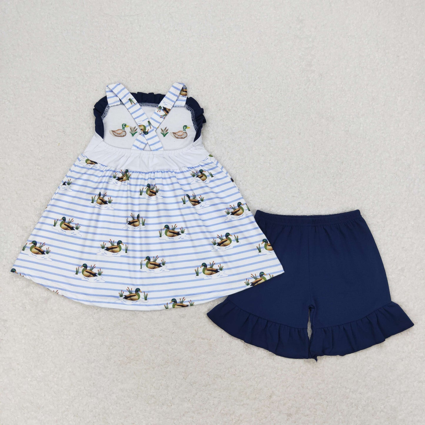 RTS NO MOQ Duck blue short-sleeved shorts suit & and romper