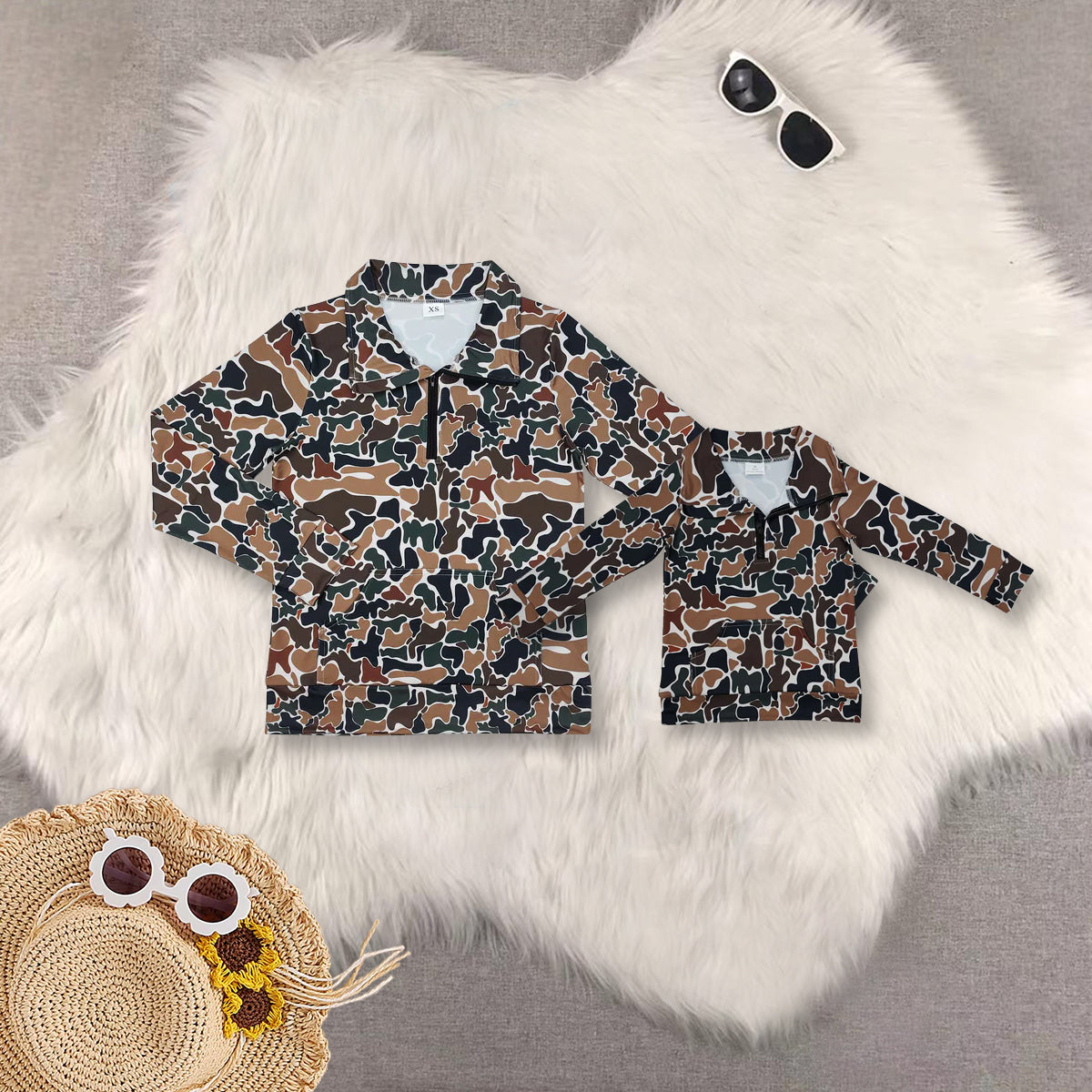 RTS NO MOQ Sibling Adults women and Baby Girls Camouflage Zipper Stand Collar Pullover Long Sleeve Top