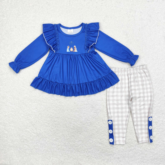 rts no moq GLP1597 Jesus Blue Lace Long Sleeve Plaid Pants Set