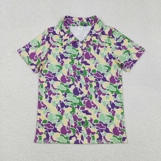 RTS NO MOQ（In Stock) BT1452 Adult Men's Carnival Green, Yellow, and Purple Camouflage Button Short-Sleeve Top