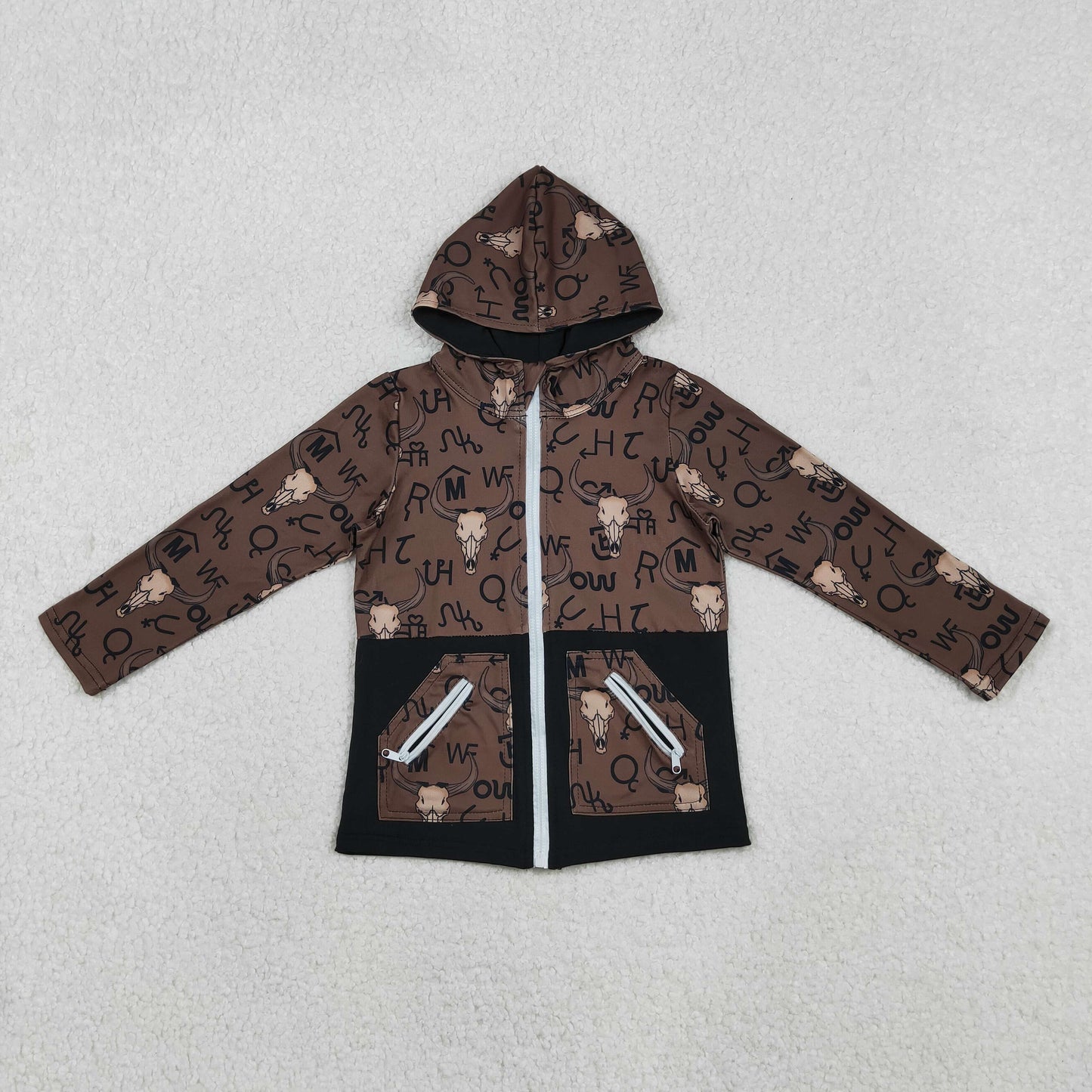 RTS NO MOQ（In Stock) Character Mountain Bull Head Brown Pocket Zipper Hooded Long-Sleeve Top