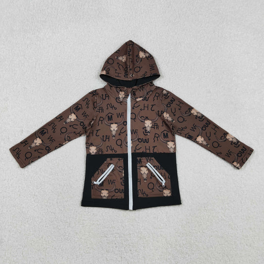RTS NO MOQ（In Stock) Character Mountain Bull Head Brown Pocket Zipper Hooded Long-Sleeve Top