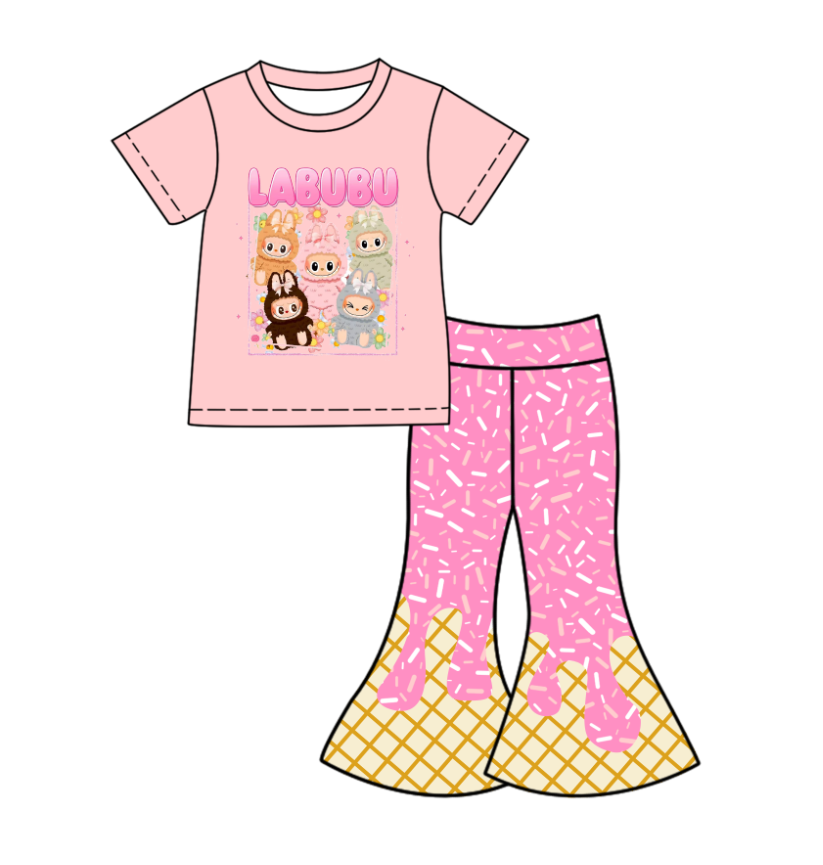 Custom moq 5 mix size milk silk baby girl clothes cartoon pink short sleeve pants sets