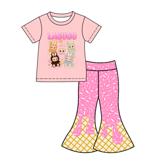 Custom moq 5 mix size milk silk baby girl clothes cartoon pink short sleeve pants sets