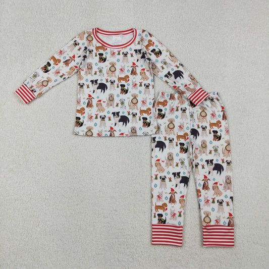 RTS NO MOQ（In Stock) GLP2193 Christmas Puppy Bow Pattern Long-Sleeve Pants Pajama Set