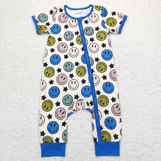 SR0944 Smiling Stars Beige Blue Zip Short Sleeve Jumpsuit