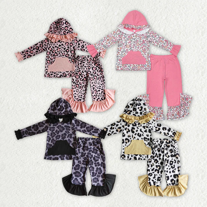 RTS NO MOQ  Baby Girls Lace Leopard Pocket Hooded Pullover Long Sleeve Pants Set