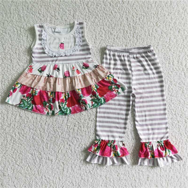 rts no moq C5-18 Off-White Striped Floral Lace Sleeveless Shorts Set