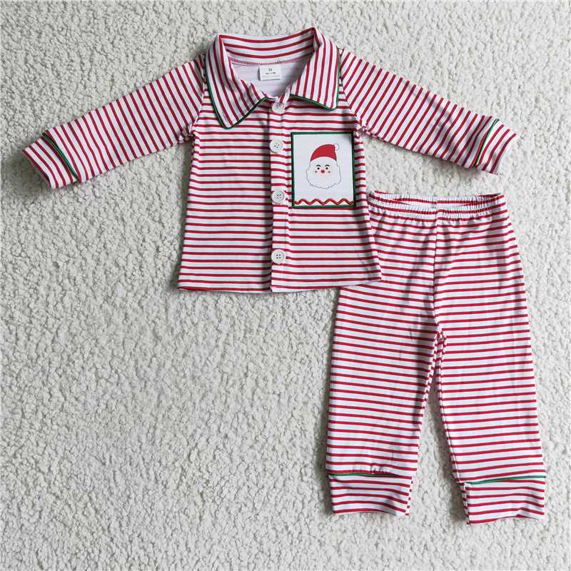 RTS NO MOQ  6 A2-20 6 B9-3 Boys Girls Red Striped Button Long Sleeve Pajama Set