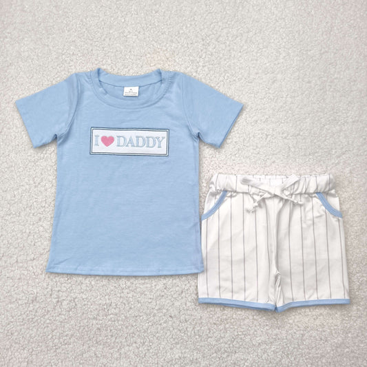 RTS NO MOQ BSSO1434 Embroidered i love daddy blue short-sleeved striped shorts set