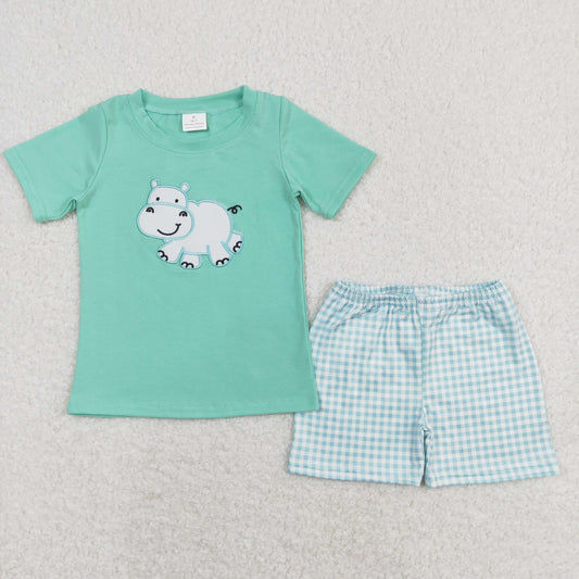 BSSO0466 Embroidered hippopotamus green short-sleeved blue and white plaid shorts suit