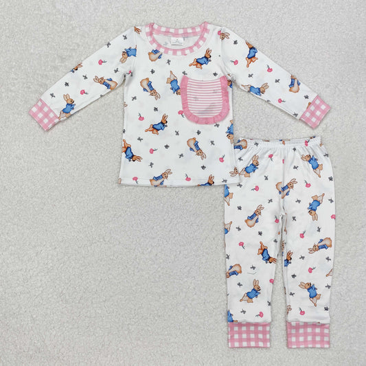 RTS NO MOQ ETA 5/7days Arrived GLP2226 Easter Bunny Striped Lace Pocket White Long Sleeve Pants Pajama Set