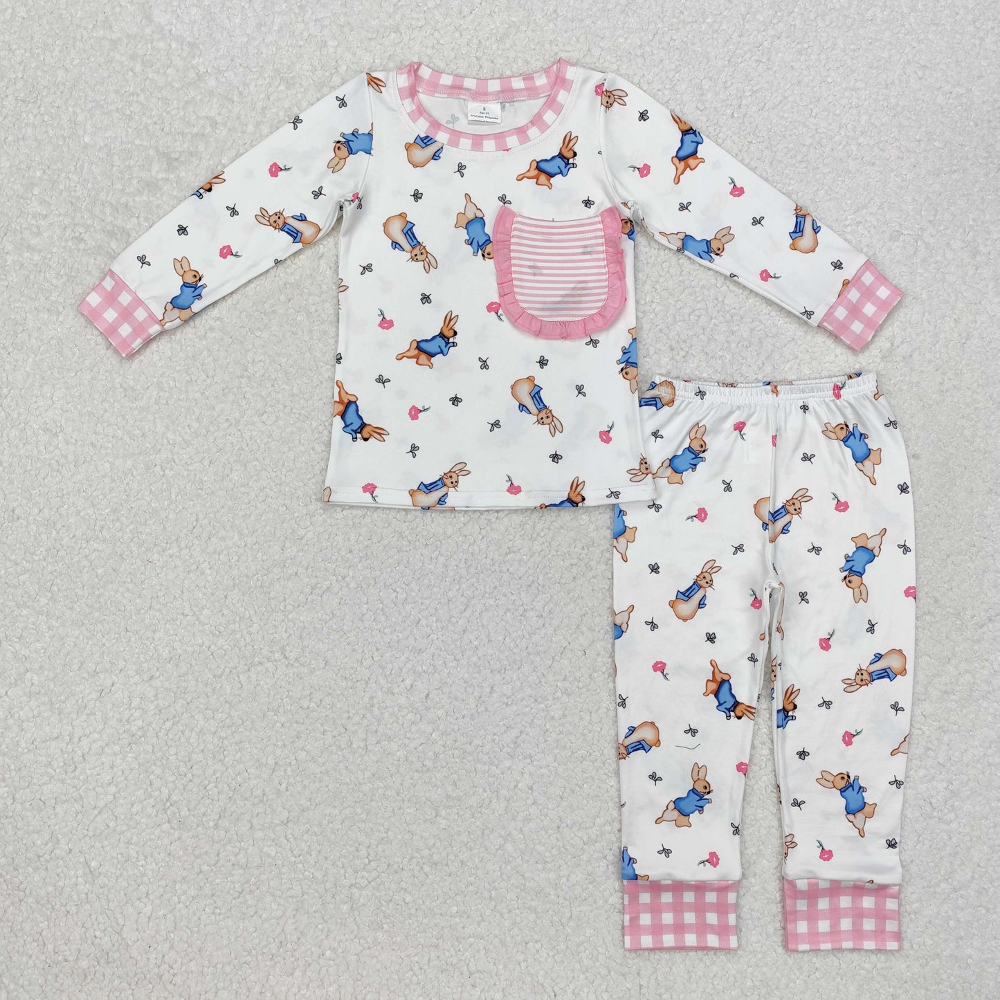 RTS NO MOQ ETA 5/7days Arrived GLP2226 Easter Bunny Striped Lace Pocket White Long Sleeve Pants Pajama Set