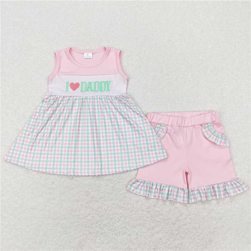 I love daddy Embroidery letters blue green plaid Sibling Sister Clothes Sets