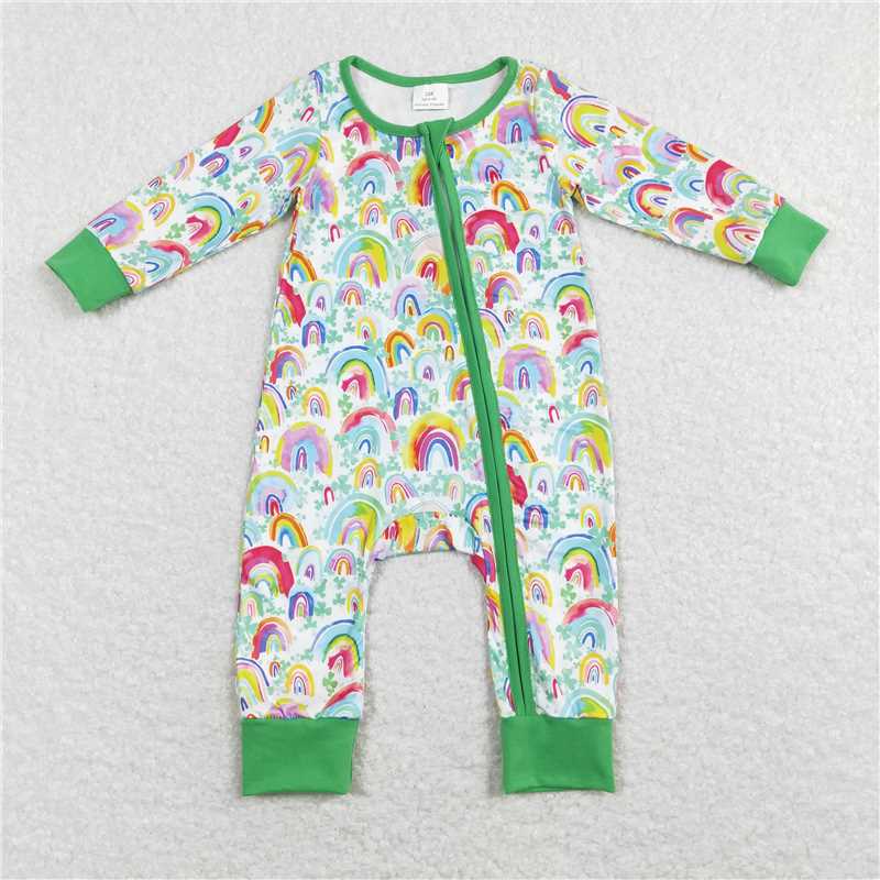 RTS NO MOQ Baby girls clothes St. Patrick's Four Leaf Clover long Sleeve Romper Mixed Sizes