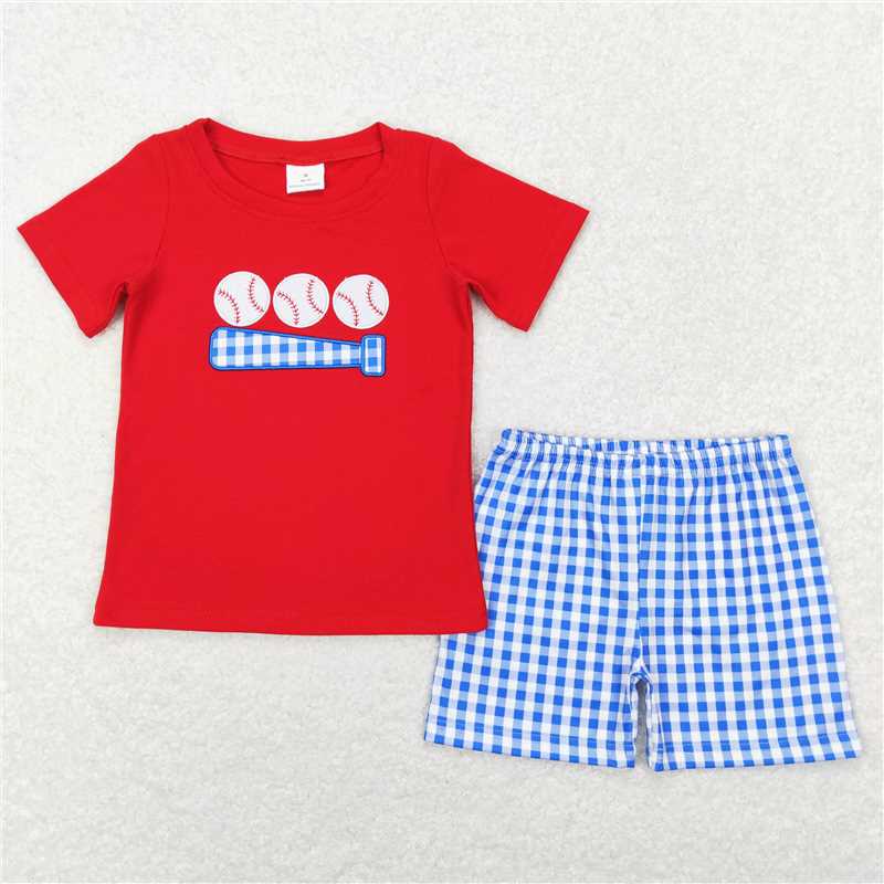 RTS Embroidery Baseball Red Short Sleeve Blue Plaid Shorts Set