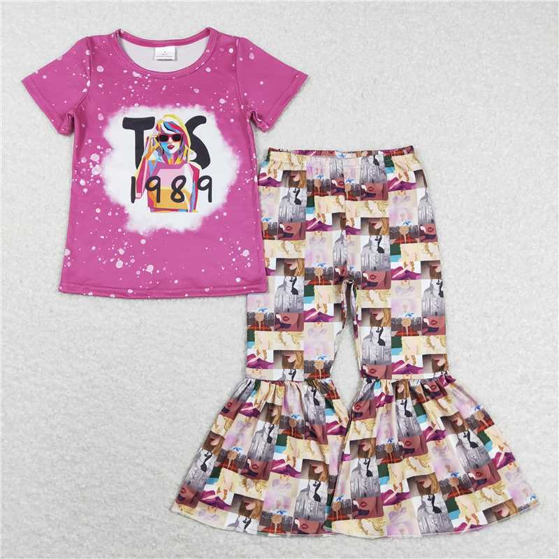 RTS NO MOQ Baby Girls European and American female singer digital print pattern short-sleeved flared pants suit