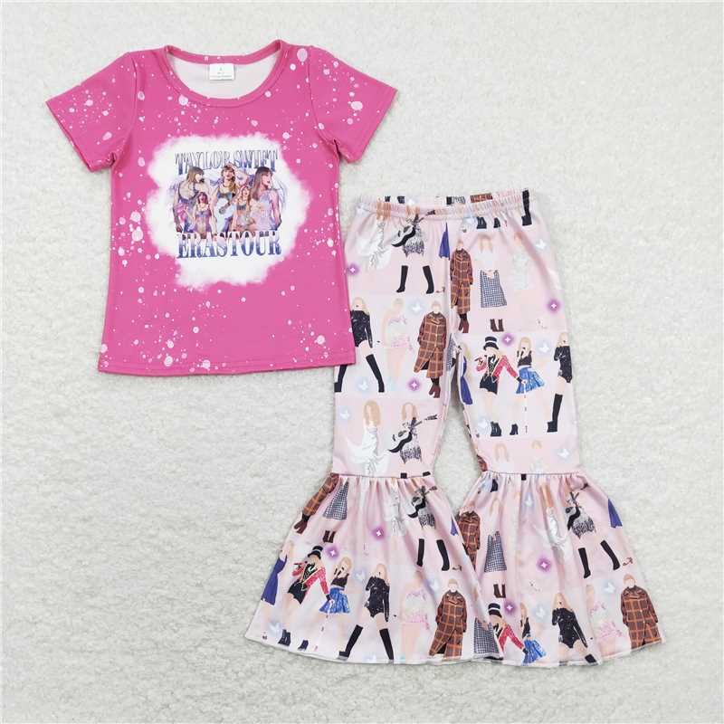 RTS NO MOQ Baby Girls European and American female singer digital print pattern short-sleeved flared pants suit