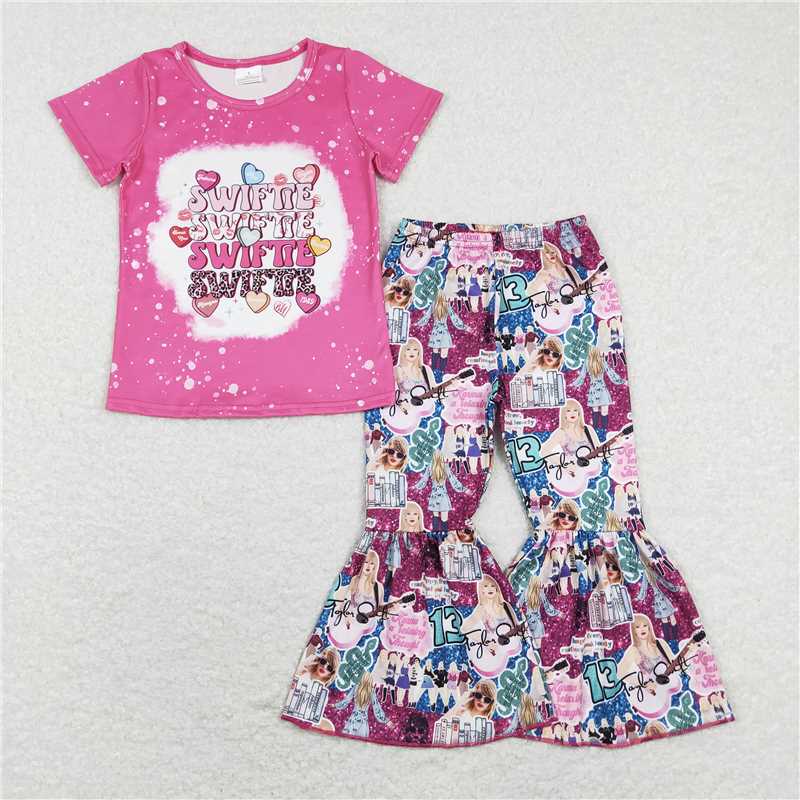 RTS NO MOQ Baby Girls European and American female singer digital print pattern short-sleeved flared pants suit