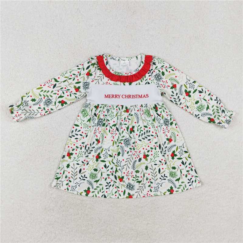 RTS NO MOQ GLD0579 merry christmas embroidered leaves red lace long sleeve dress