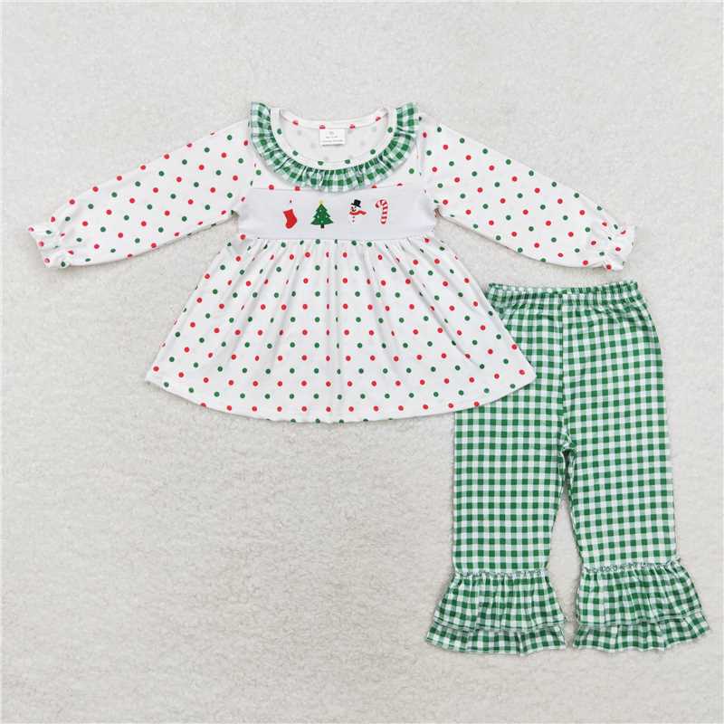 RTS NO MOQ embroidery Embroidered Christmas tree snowman cane white long sleeve green plaid trousers suit