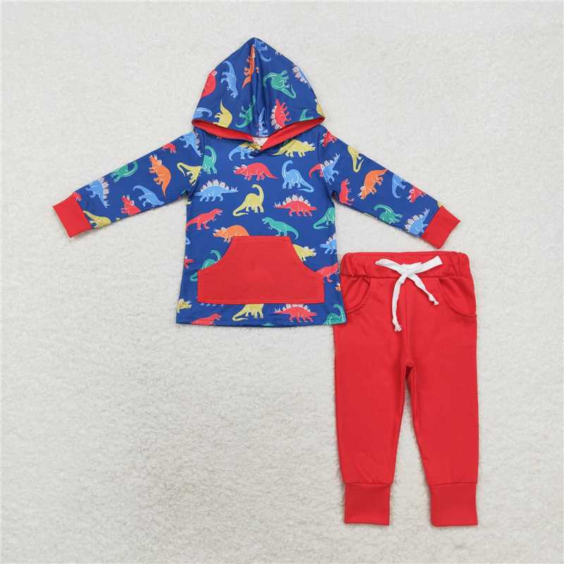 RTS NO MOQ BLP0637 GLP1107 Dinosaur pattern boys and girls hooded long sleeve suit