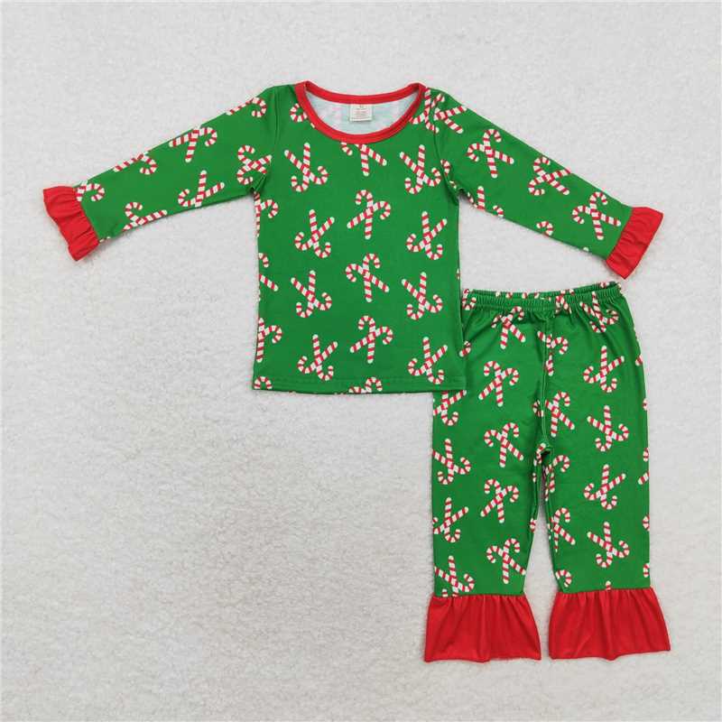 RTS NO MOQ Green long-sleeved suit with red striped cane pattern & romper