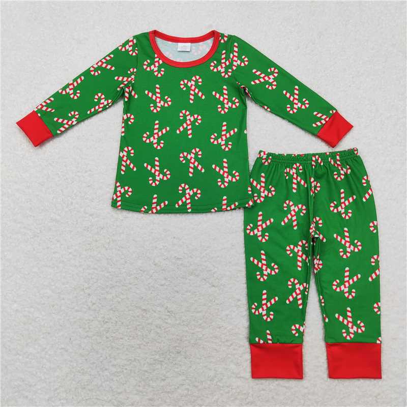 RTS NO MOQ Green long-sleeved suit with red striped cane pattern & romper